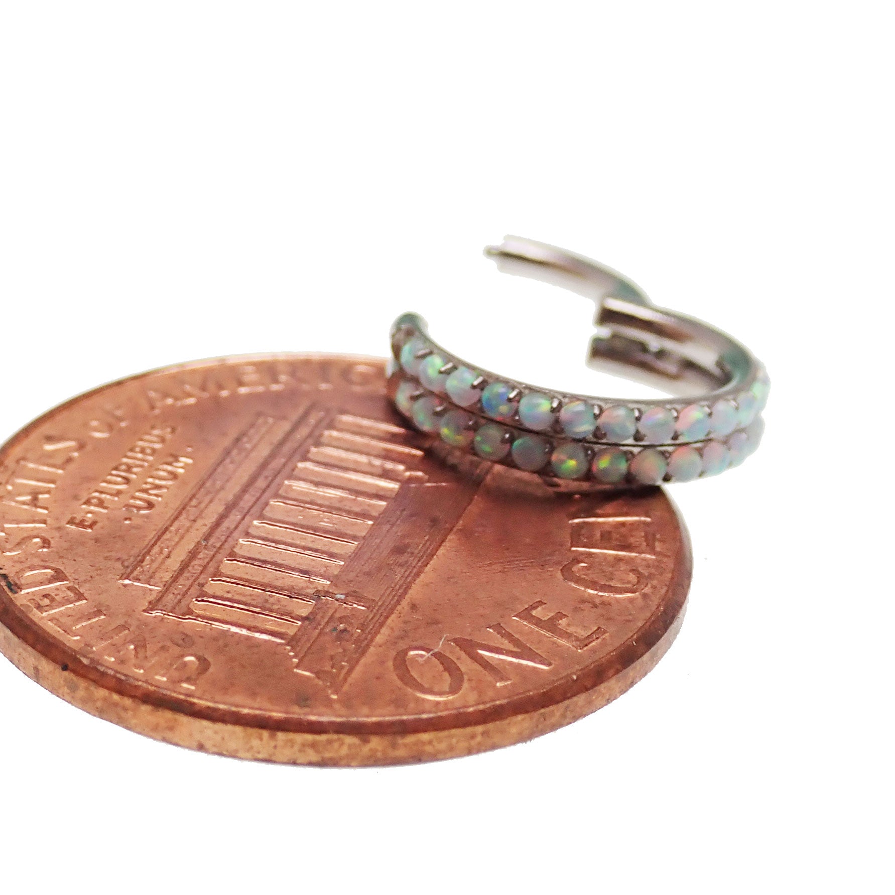 Double row opal clicker body jewelry by Body Clickers, 16g, featuring sparkling opal stones on a sleek silver-toned body jewelry piece.
