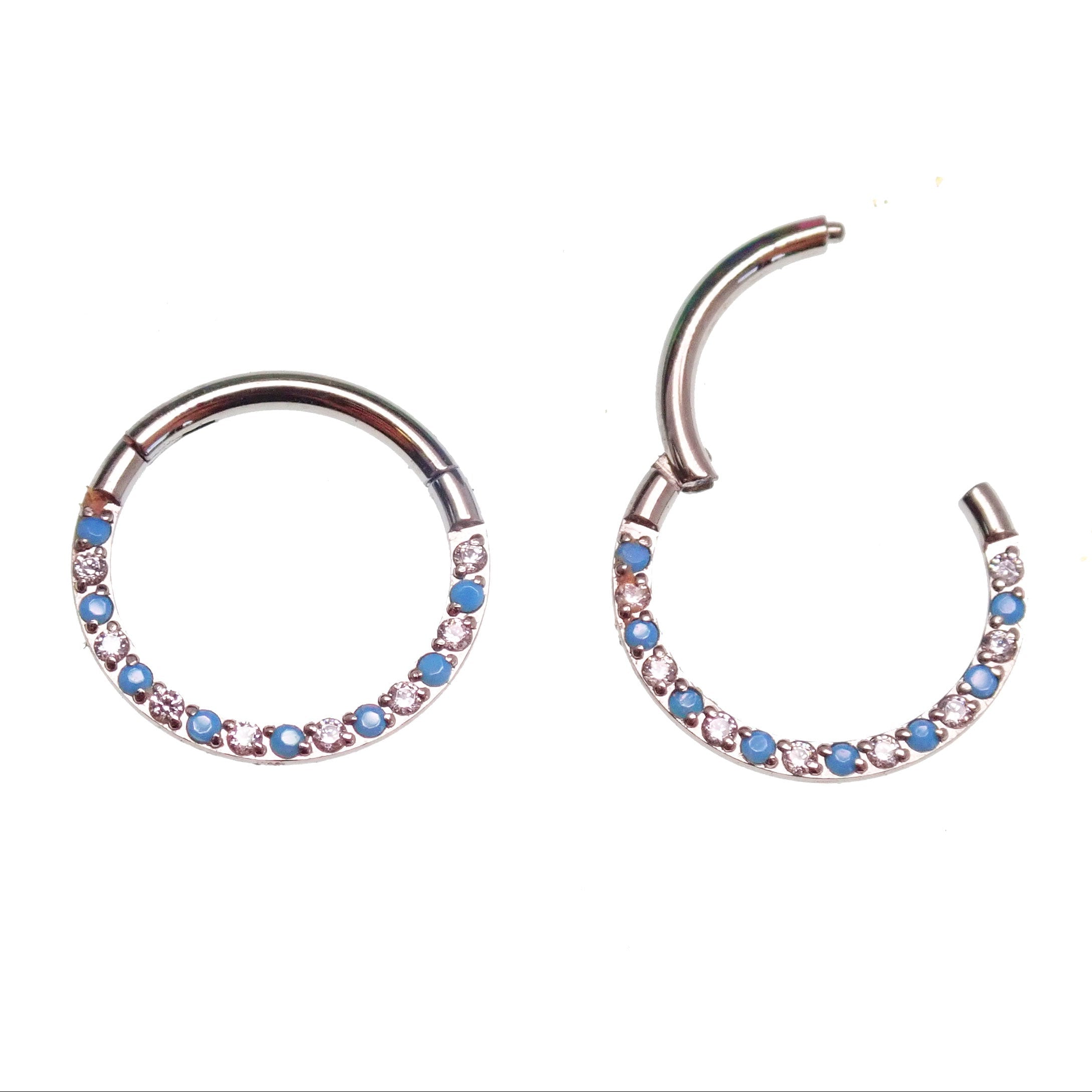 Front-facing 18g titanium clicker with turquoise and CZ stones, body jewelry designed by Body Clickers.