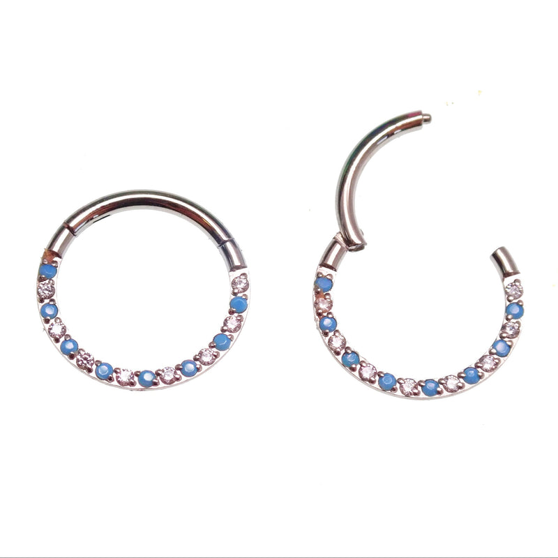 Front-facing 18g titanium clicker with turquoise and CZ stones, body jewelry designed by Body Clickers.