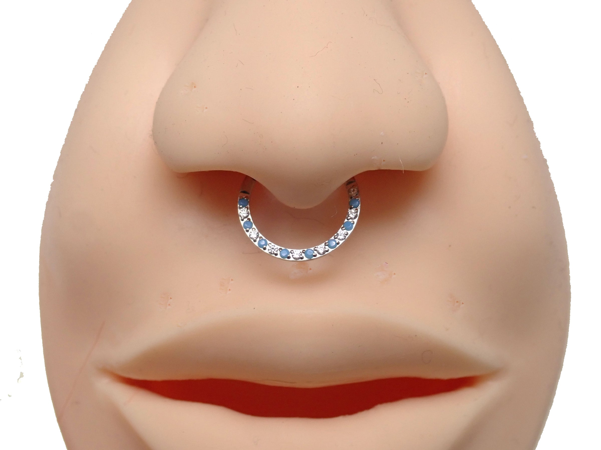 Front-facing 18g titanium clicker with turquoise and CZ stones from Body Clickers Body Jewelry.