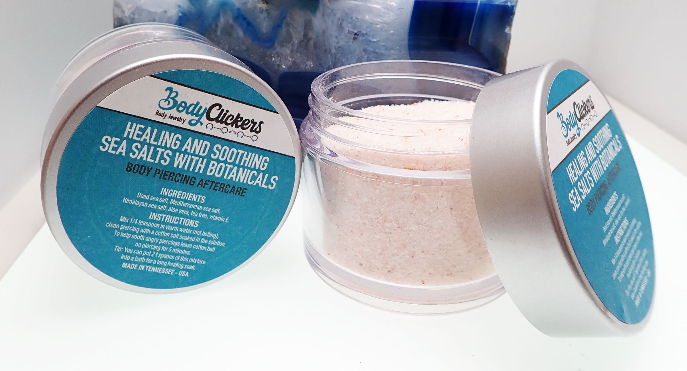 Healing Salt Body Piercing Aftercare from Body Clickers Jewelry, salt-based solution for soothing and cleaning piercings.