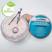 Healing Salt Body Piercing Aftercare by Body Clickers Body Jewelry, featuring a container of healing salt for piercing care.