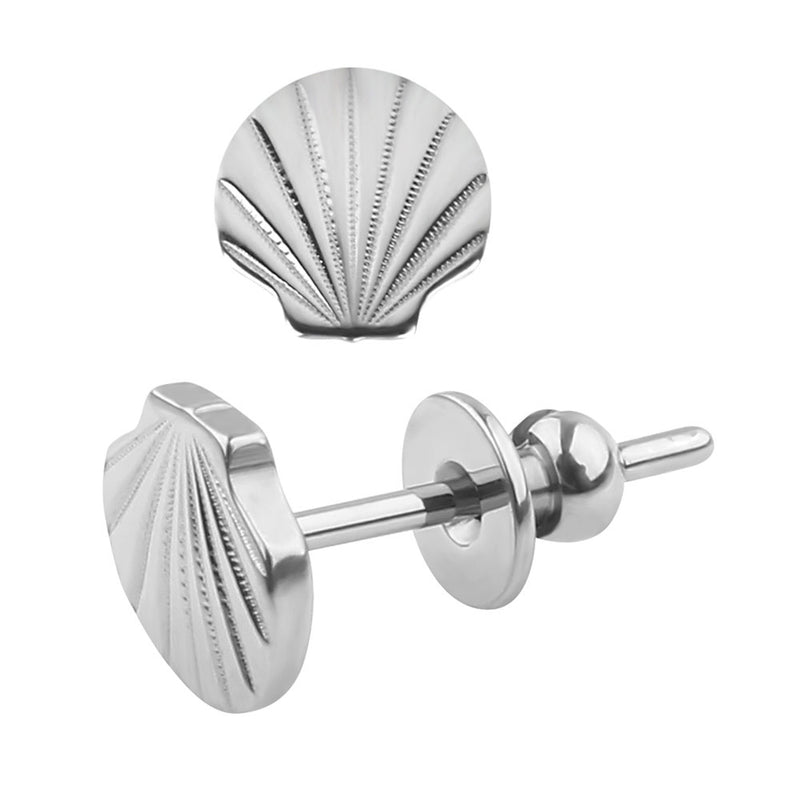 Implant titanium shell design earrings, 20g body jewelry by Body Clickers, featuring a sleek, modern shell shape for pierced ears.