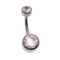 Internally threaded AB CZ belly bar body jewelry in 14g from Body Clickers, showing the sparkling cubic zirconia stone and sleek design.