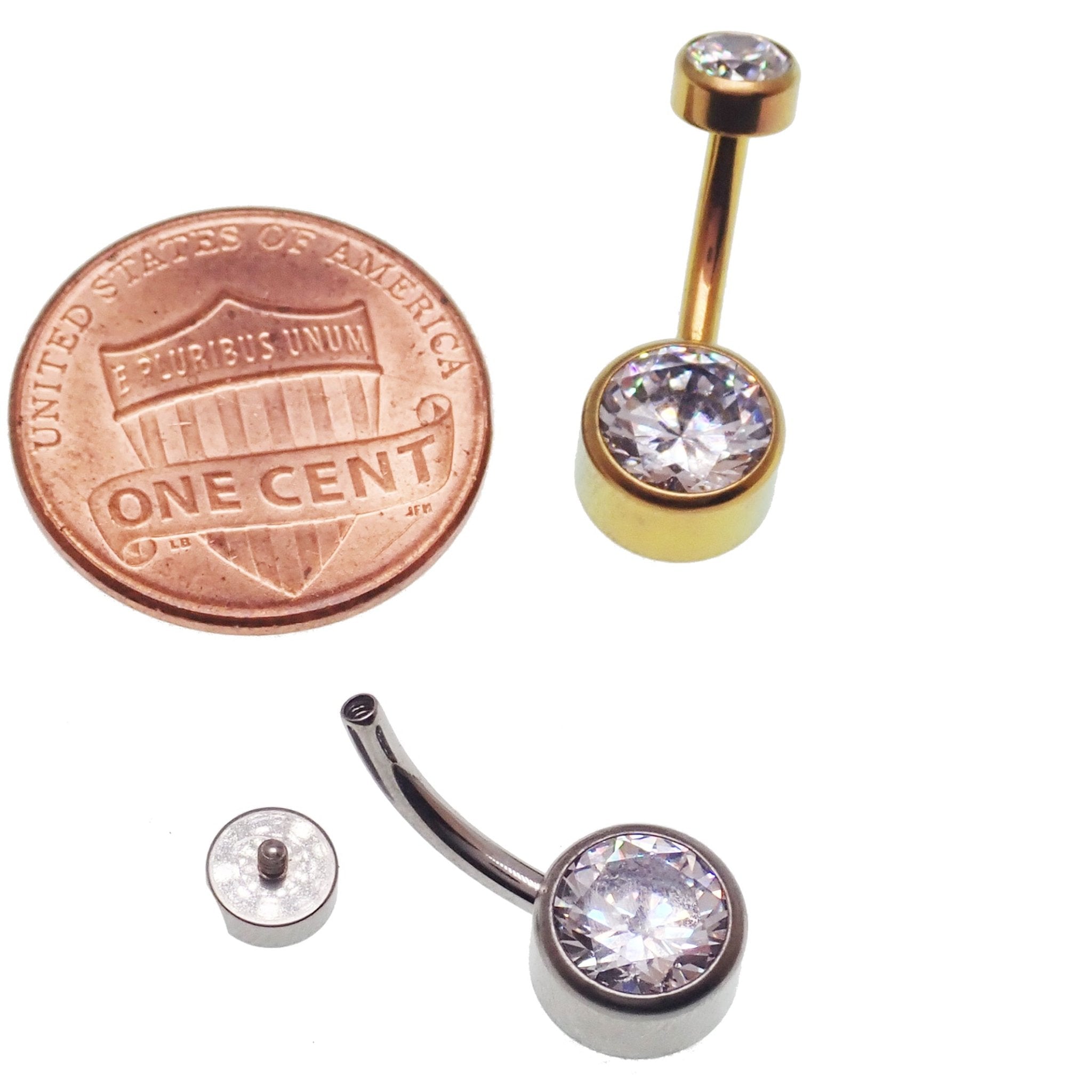 Internally threaded AB cubic zirconia belly bar body jewelry in 14g by Body Clickers, shiny and sleek for navel piercing.