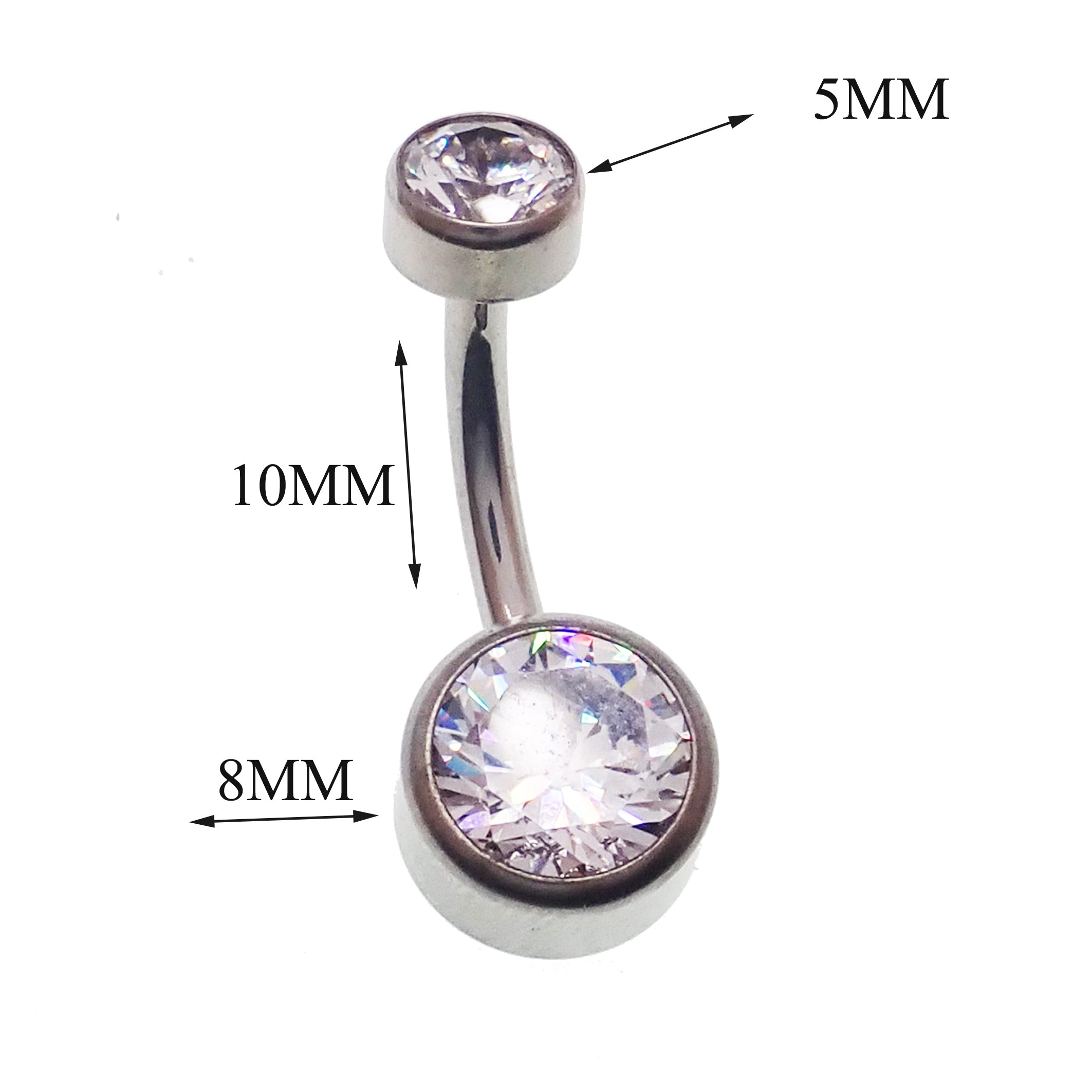 Internally threaded AB CZ belly bar body jewelry by Body Clickers, 14g with sparkling cubic zirconia accents.