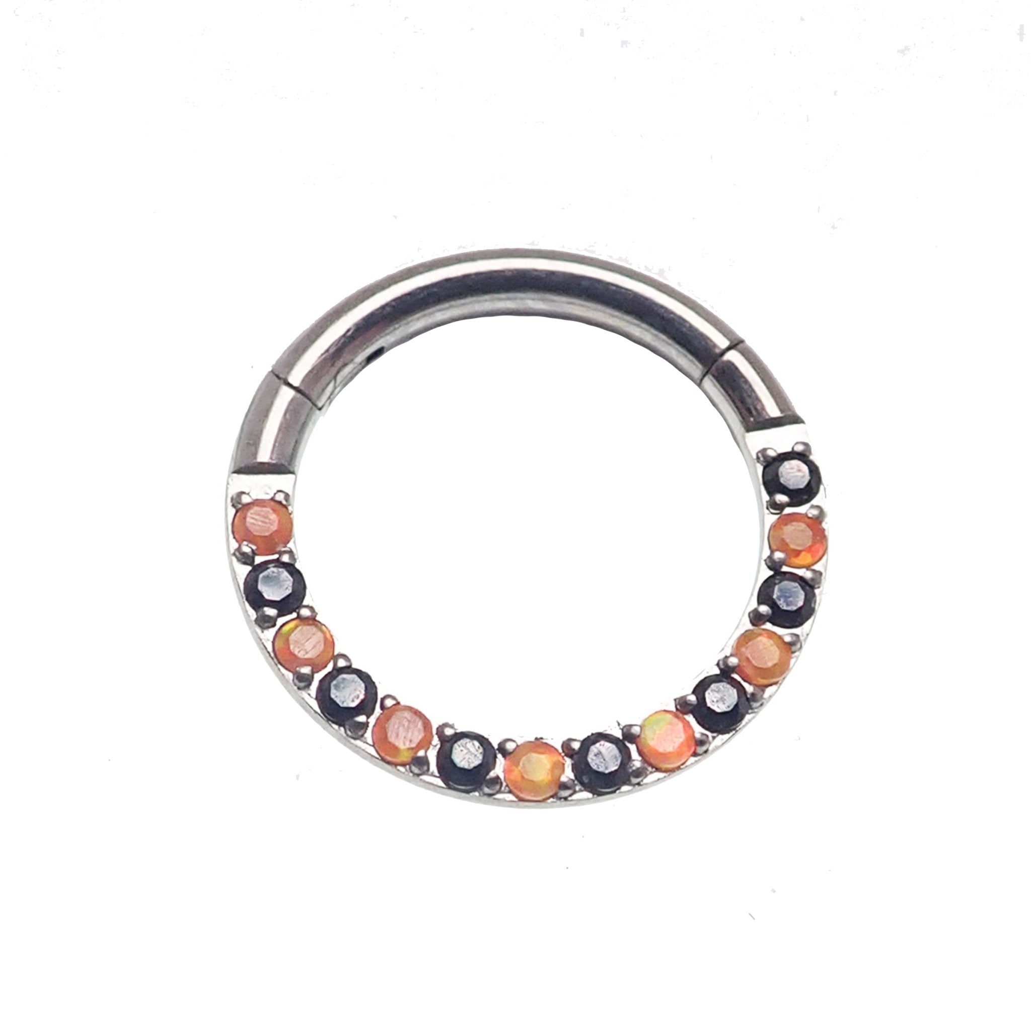 Orange and black CZ titanium clicker body jewelry in 16g with sleek design, featuring sparkling cubic zirconia accents.