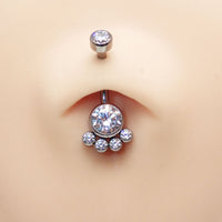 Paw print clear CZ belly bar body jewelry by Body Clickers, 14g, featuring a decorative paw print design and sparkling clear stones.