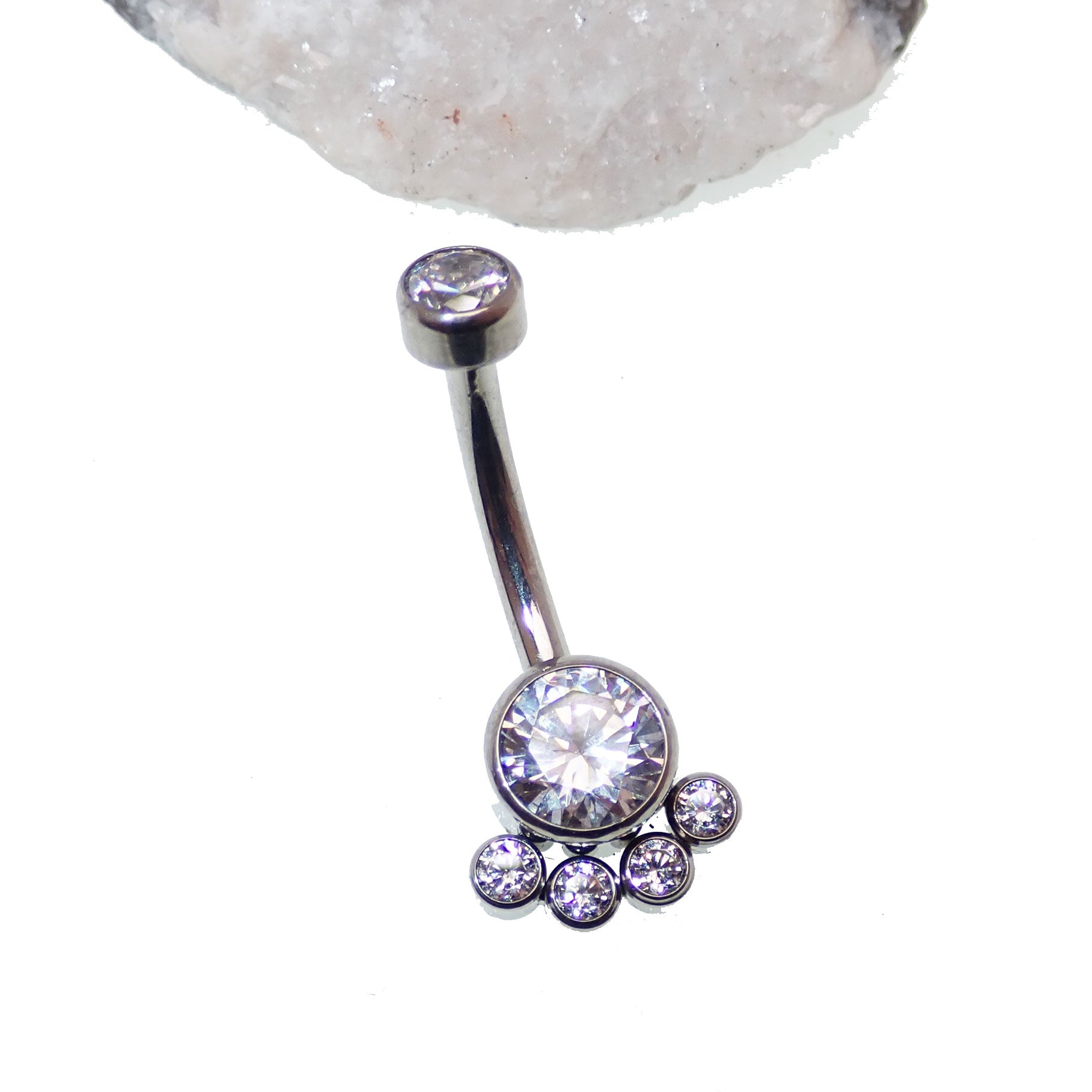 Paw print clear cubic zirconia belly button barbell body jewelry by Body Clickers, 14g with a decorative paw print design.