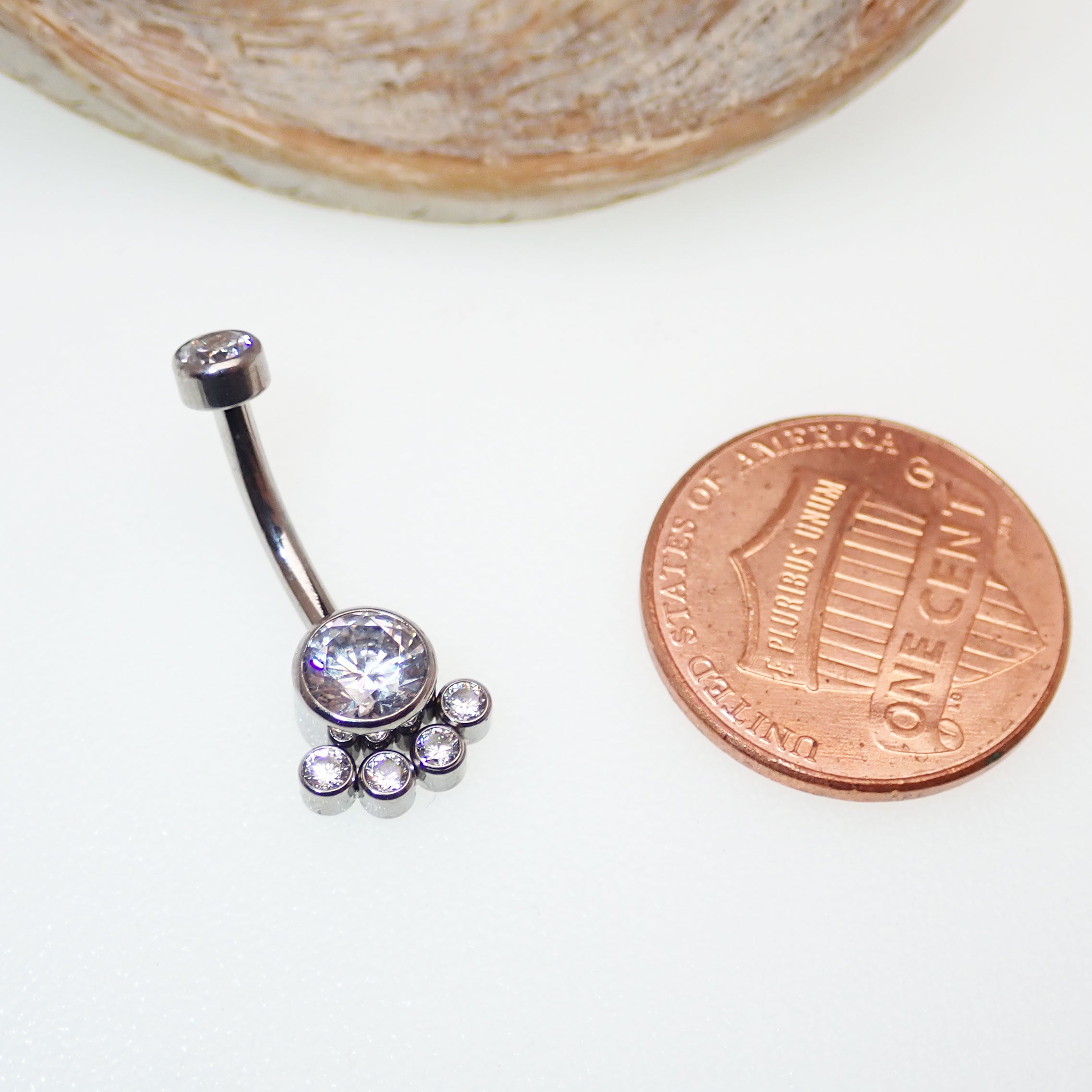 Paw print clear CZ belly bar body jewelry by Body Clickers, 14g with a decorative paw print and sparkling cubic zirconia.