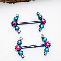 Pink, blue, and clear CZ nipple cluster body jewelry in 14g, 14mm size with a shiny, multi-colored design.