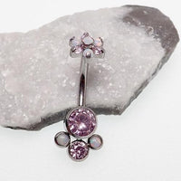Rose Swarovski and opal flower belly ring in 14g body jewelry by Body Clickers, featuring a decorative floral design.