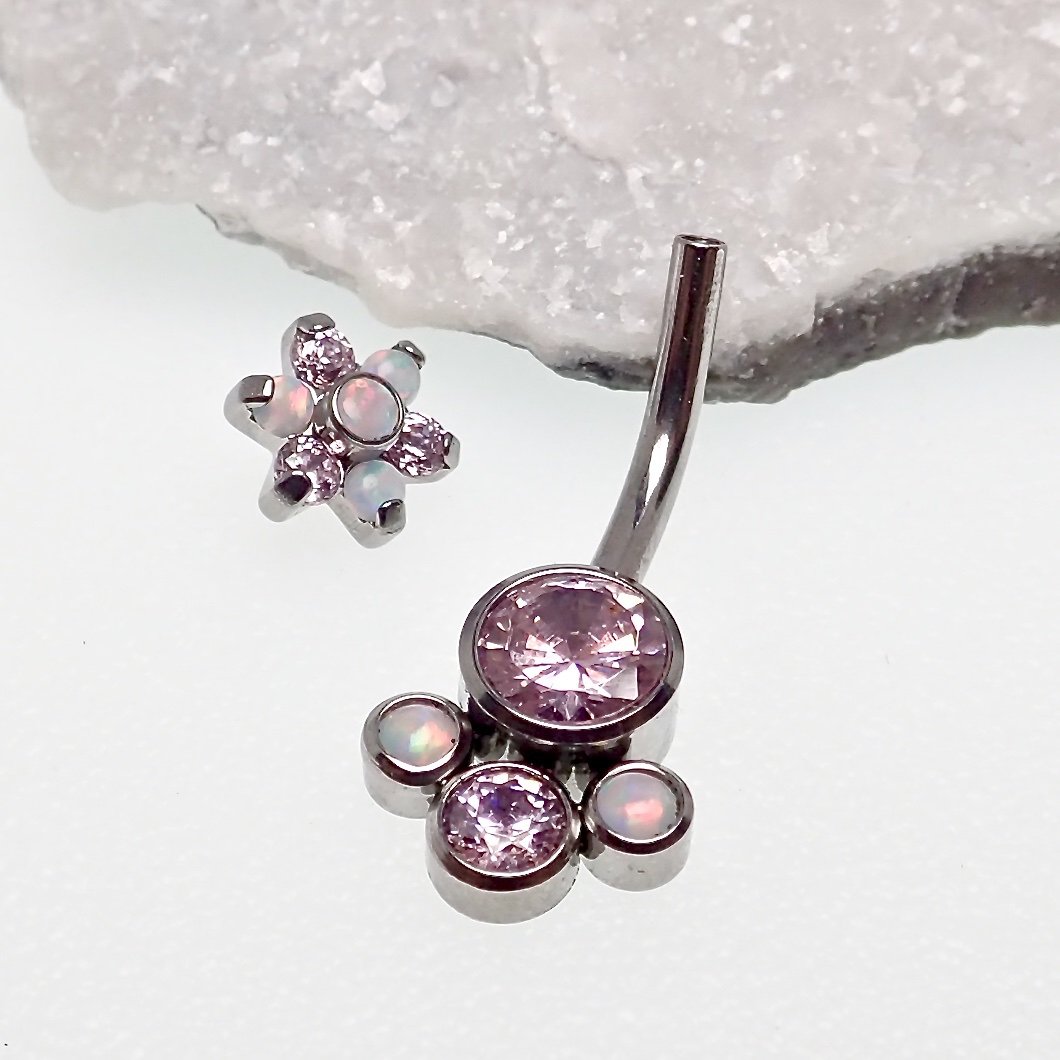 Rose Swarovski and opal flower belly ring 14g body jewelry with floral design from Body Clickers