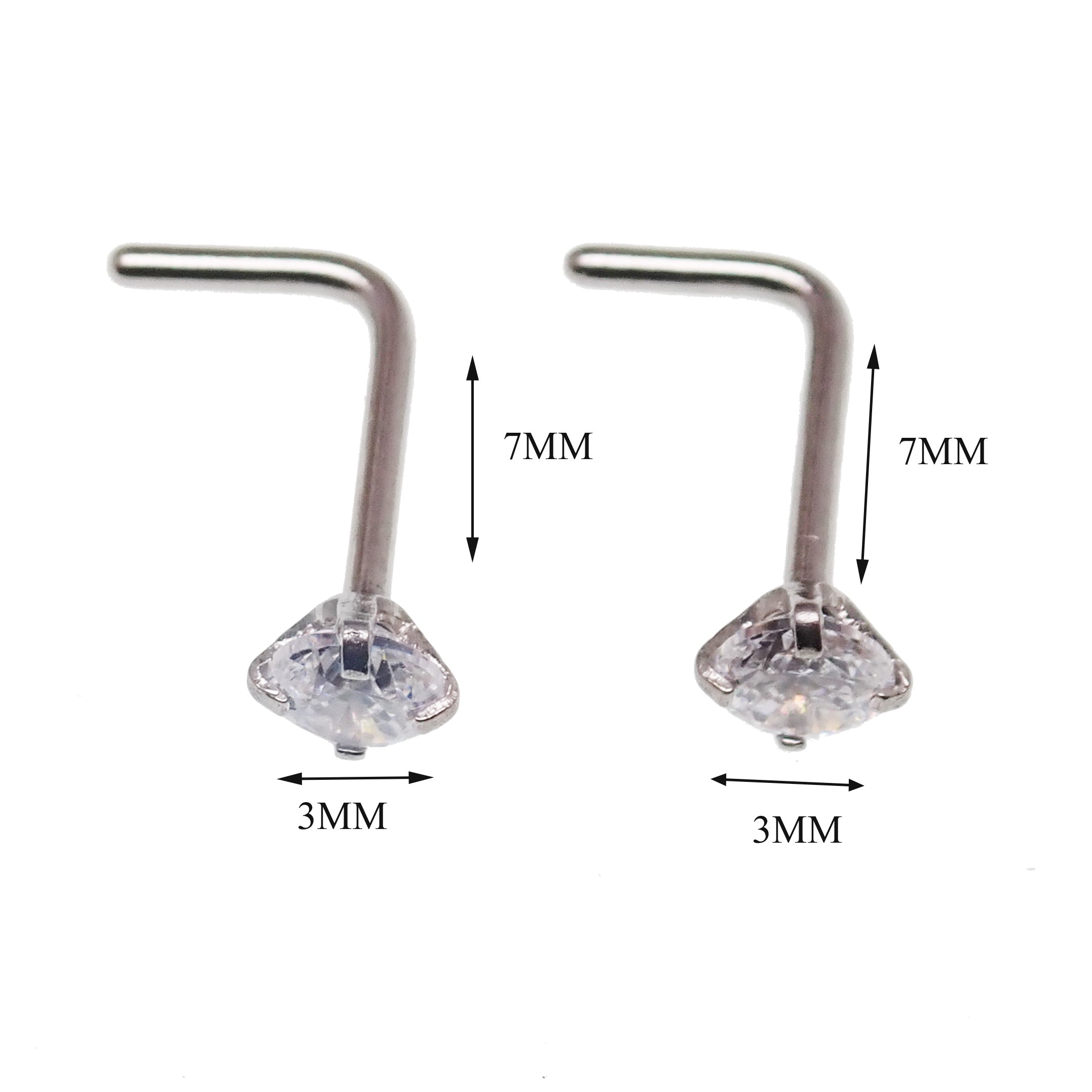 Set of 2 Body Clickers CZ nose L-curves body jewelry in 20g gauge, featuring sparkling cubic zirconia stones.