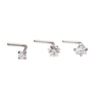 Set of 3 Body Clickers CZ L-curve steel nose rings, 20g body jewelry for pierced noses, shiny and durable design.