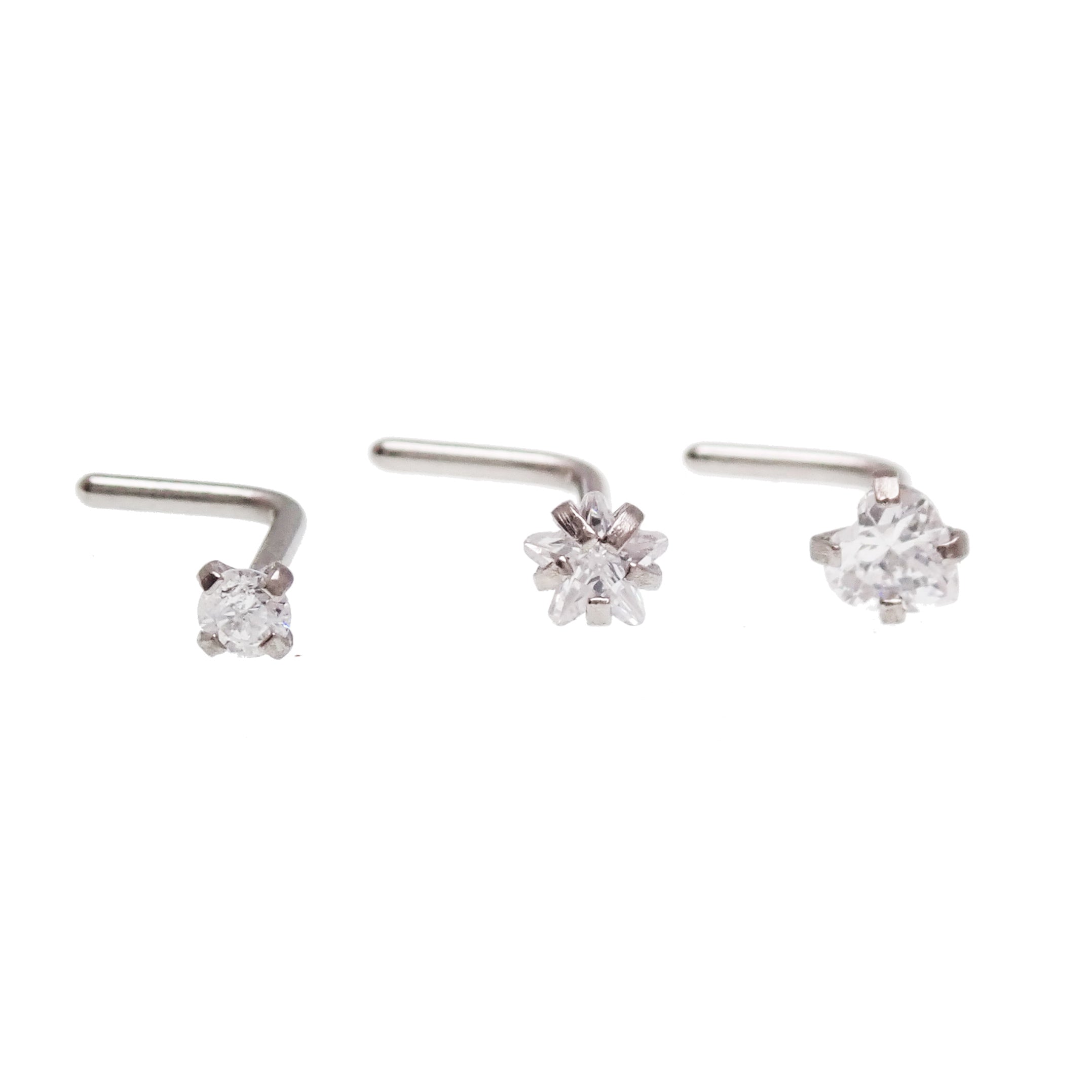 Set of 3 Body Clickers CZ L-curve steel nose rings, 20g body jewelry for pierced noses, shiny and durable design.