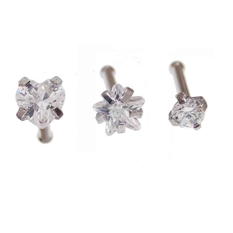 Set of 3 Body Clickers CZ nose studs in 20g body jewelry, featuring sparkling cubic zirconia accents and sleek silver finish.