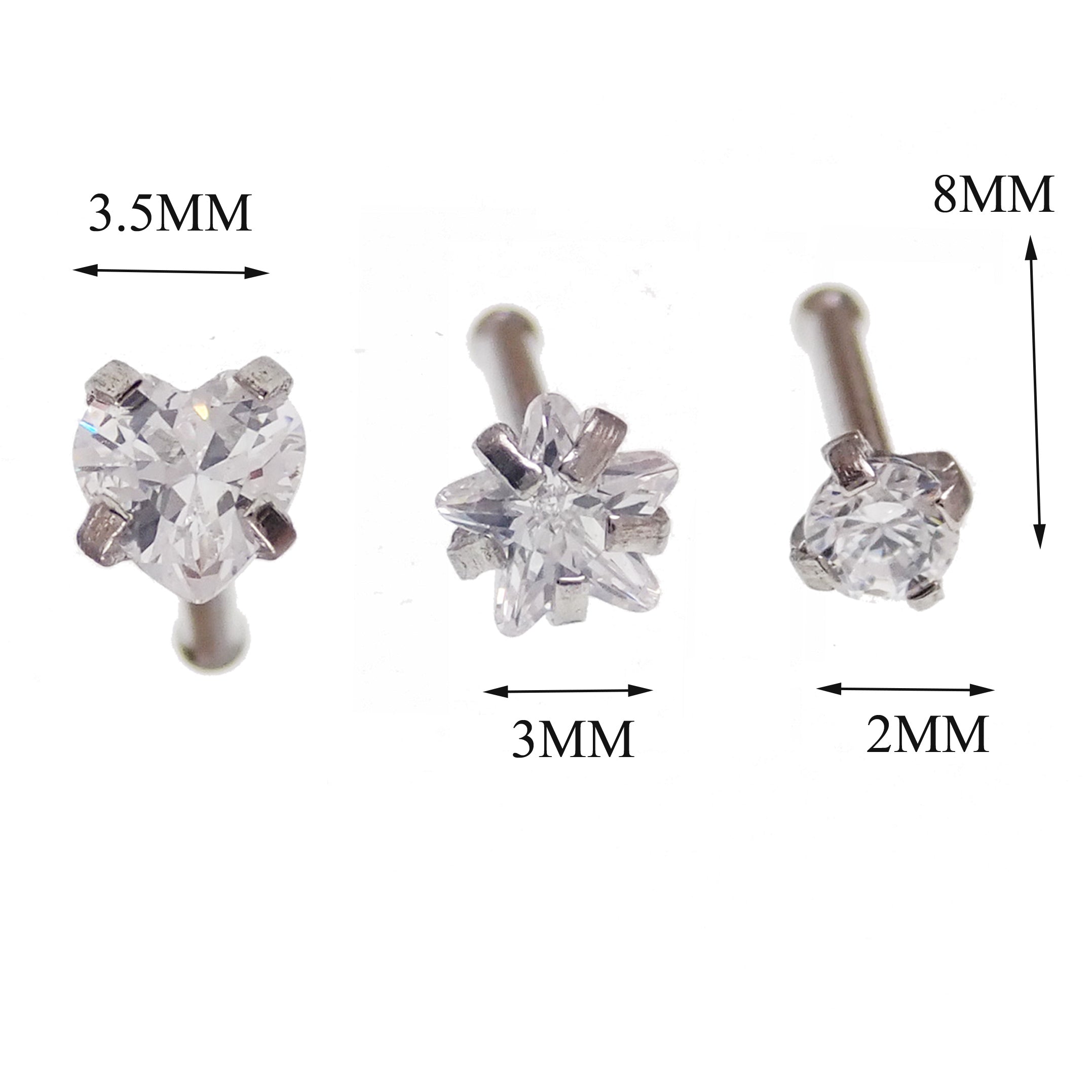 Set of 3 Body Clickers CZ nose studs in 20g body jewelry, featuring sparkling cubic zirconia accents and metallic posts.