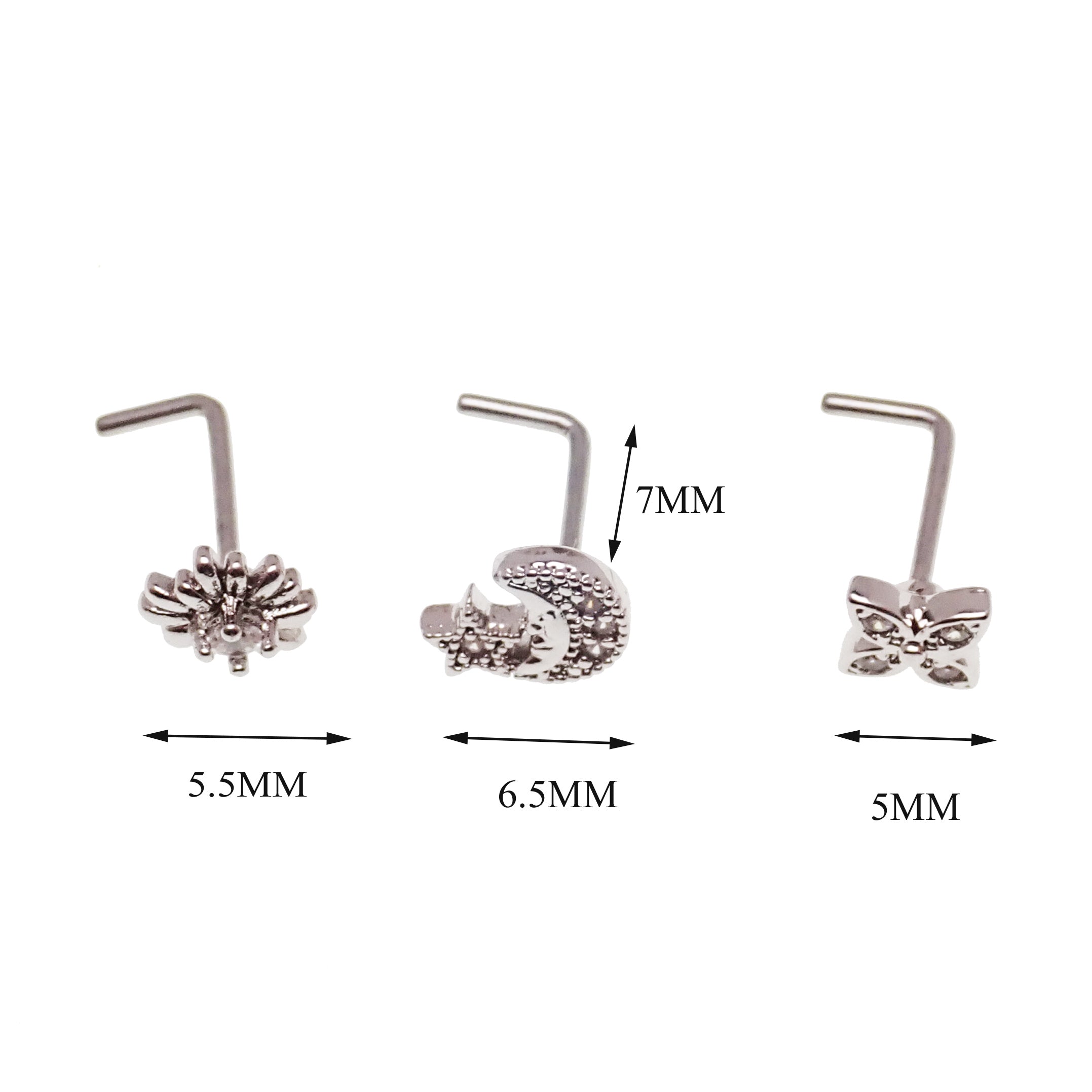 Set of 3 Body Clickers nose L-curves body jewelry featuring moon, star, starburst, and petal designs in 20g size.