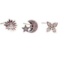 Set of 3 Body Clickers nose L-curves body jewelry featuring moon, star, starburst, and petal designs in 20g.