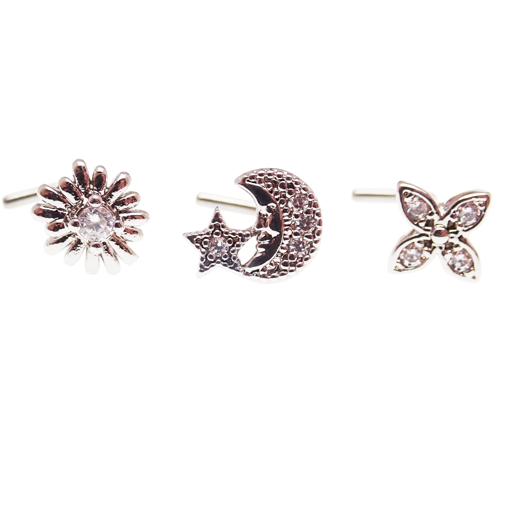 Set of 3 Body Clickers nose L-curves body jewelry featuring moon, star, starburst, and petal designs in 20g.