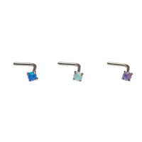 Set of 3 Body Clickers nose L-curves in lavender, peacock, and white opal, 20g body jewelry with curved designs.