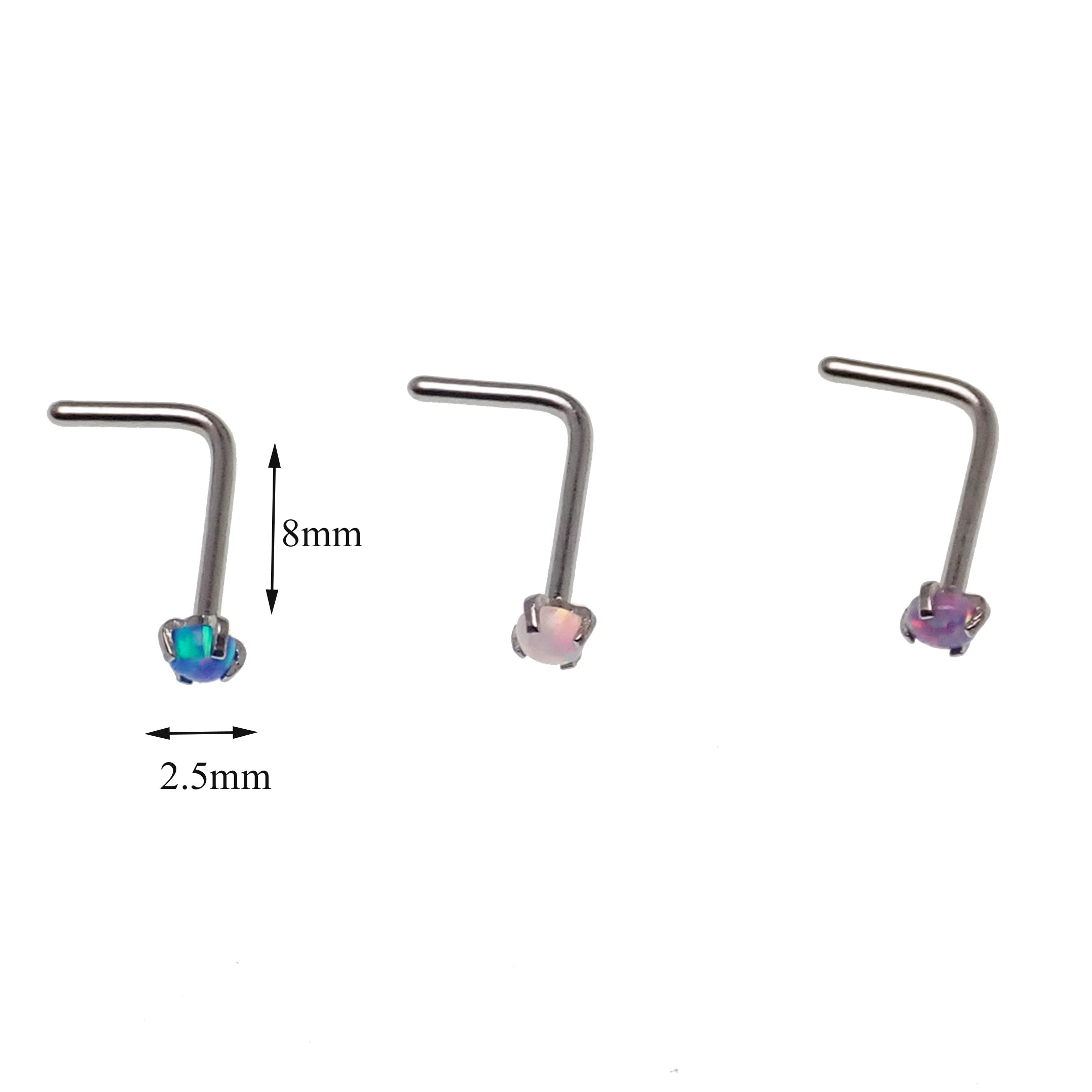 Set of 3 Body Clickers nose L-curves in lavender, peacock, and white opal, 20g body jewelry for nose piercings.
