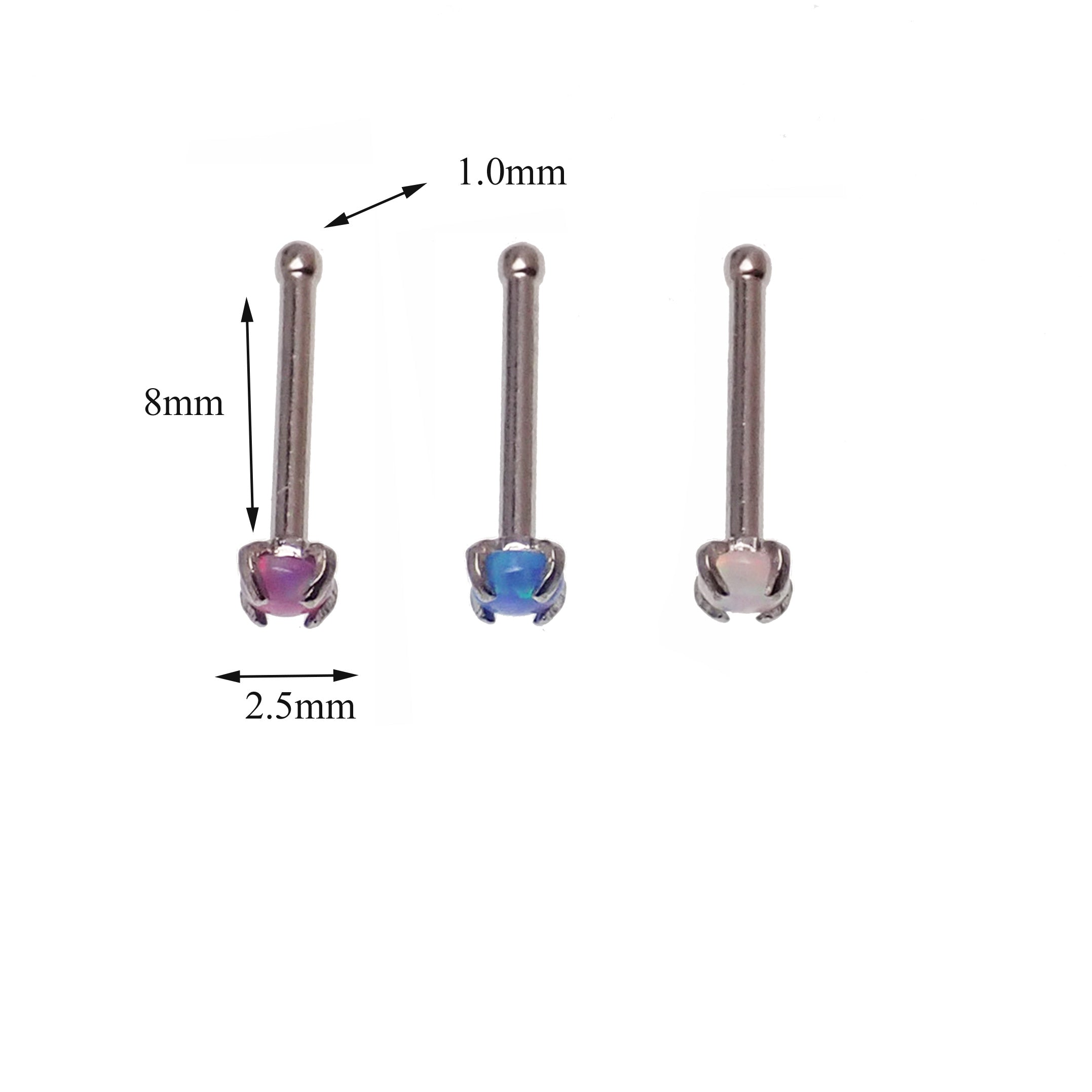 Set of 3 Body Clickers nose studs with lavender, peacock, and white opal designs, 20g body jewelry for piercing.