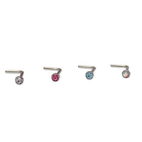 Set of 4 colored CZ nose L-curves body jewelry from Body Clickers, featuring vibrant, sparkling gemstone accents for nose piercing.
