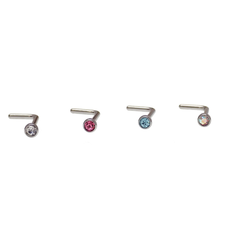 Set of 4 colored CZ nose L-curves body jewelry from Body Clickers, featuring vibrant, sparkling gemstone accents for nose piercing.