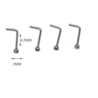 Set of 4 colored CZ nose L-curves body jewelry from Body Clickers with vibrant stones and sleek silver design.