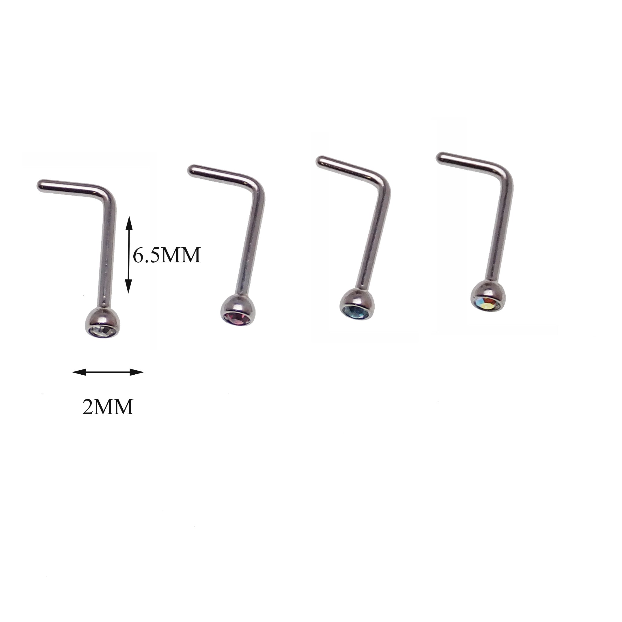 Set of 4 colored CZ nose L-curves body jewelry from Body Clickers with vibrant stones and sleek silver design.