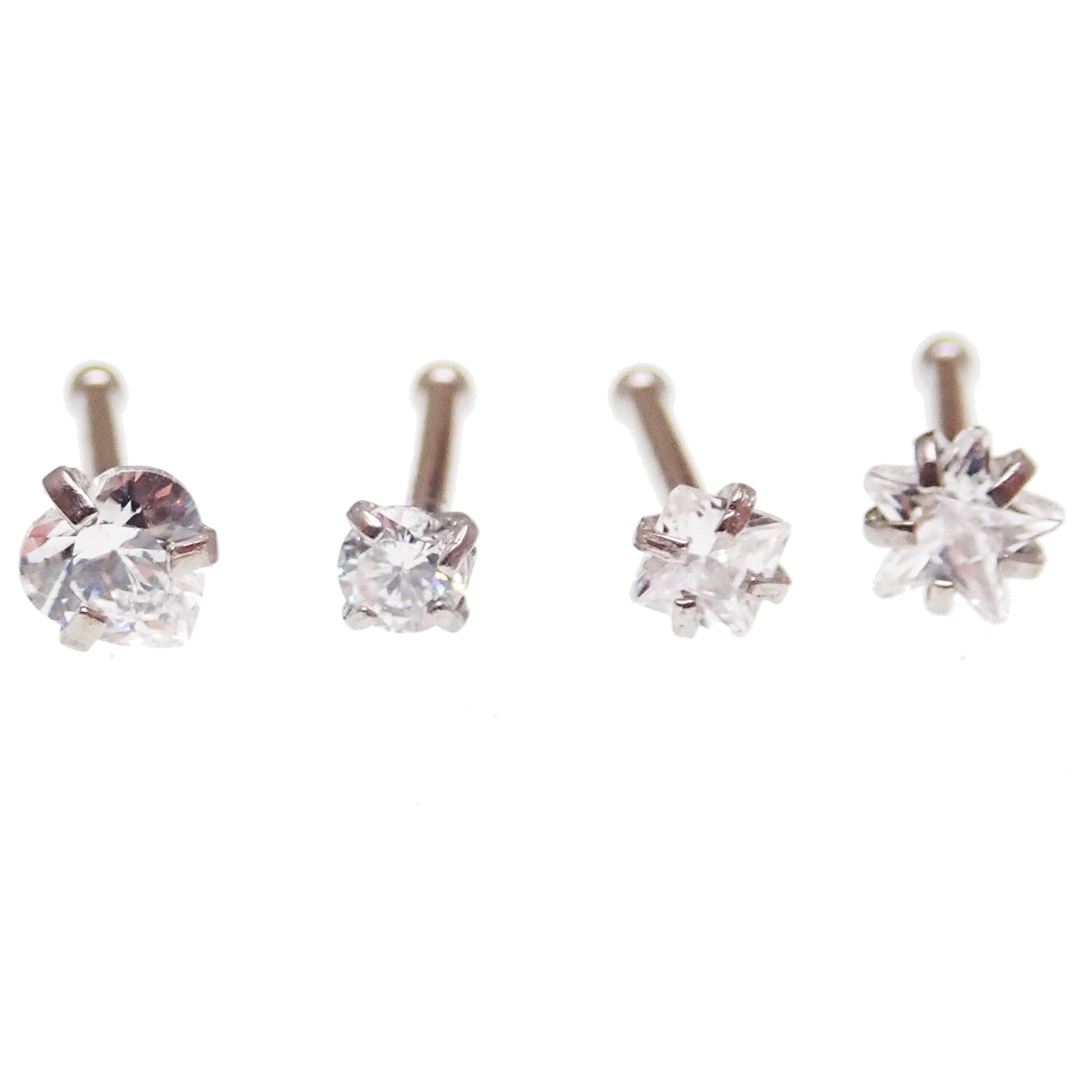 Set of 4 Body Clickers nose jewelry including CZ star, circle, square, and heart nose studs in 20g body jewelry.