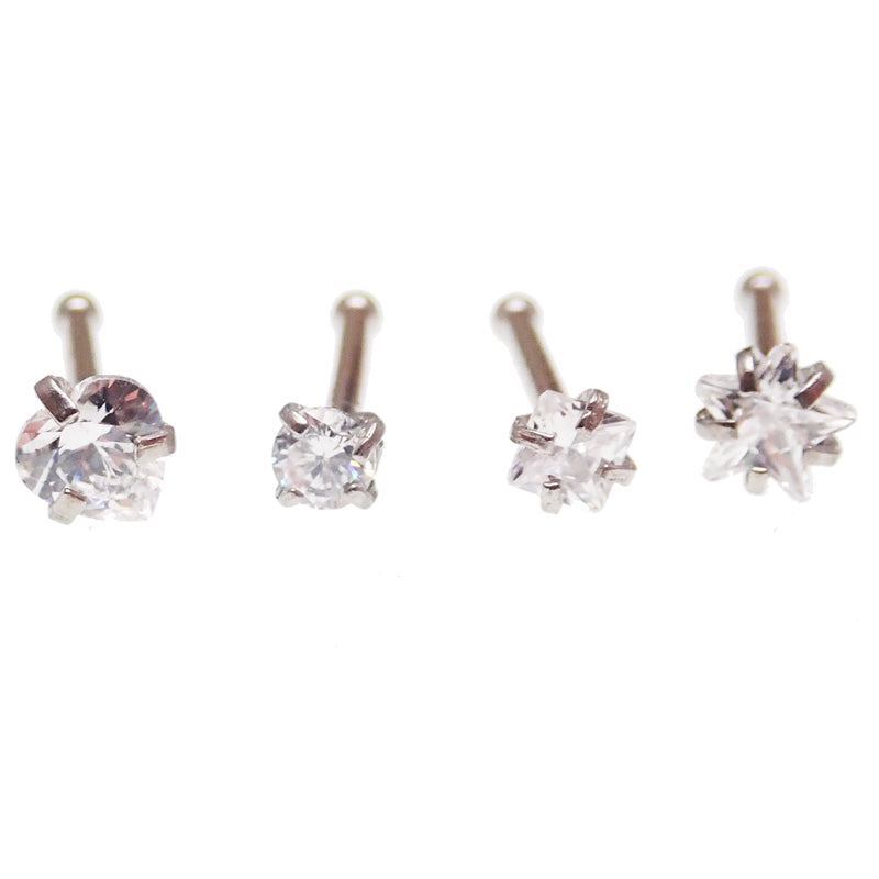 Set of 4 Body Clickers nose jewelry including CZ star, circle, square, and heart nose studs in 20g body jewelry.