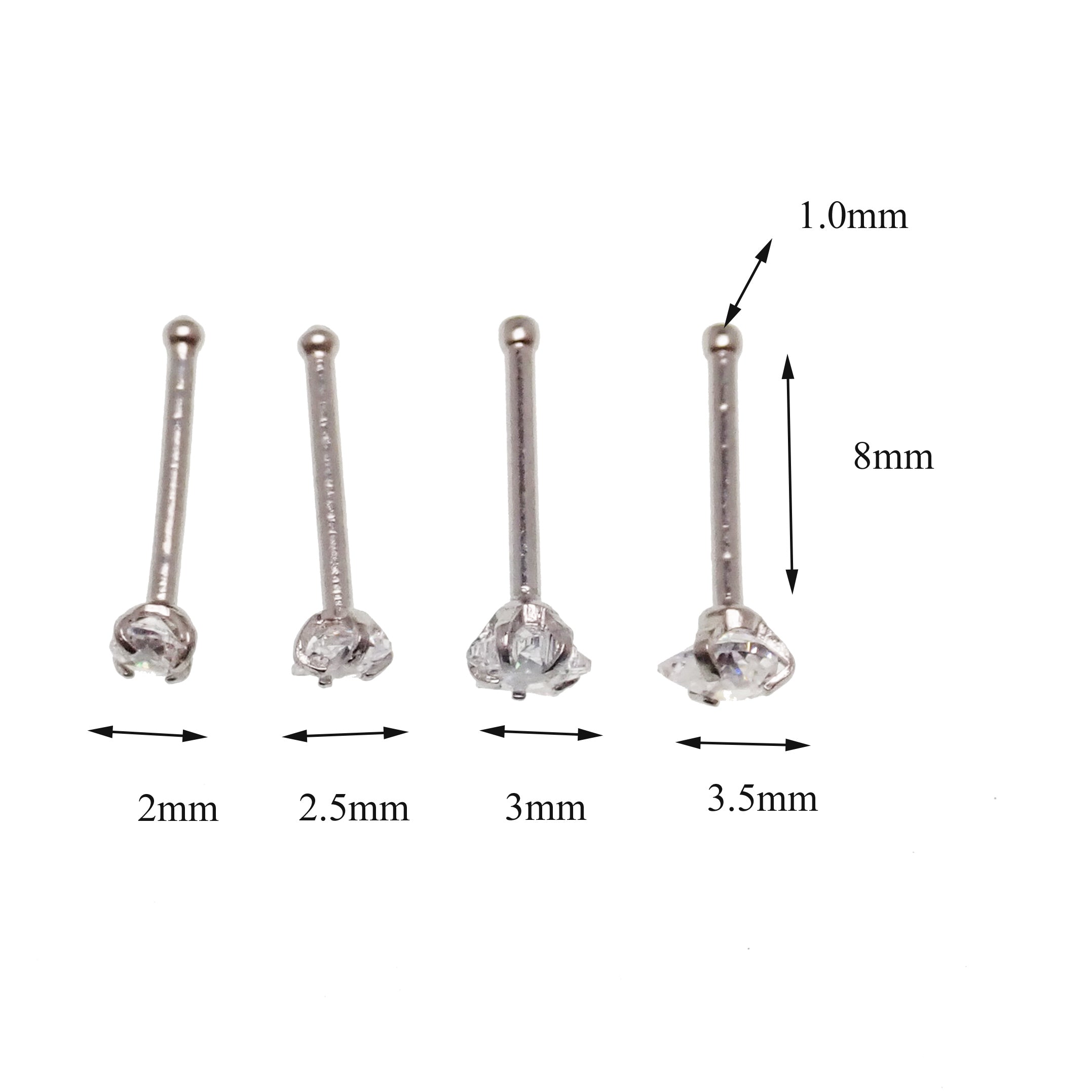 Set of 4 Body Clickers nose jewelry with CZ star, circle, square, and heart studs in 20g body jewelry.