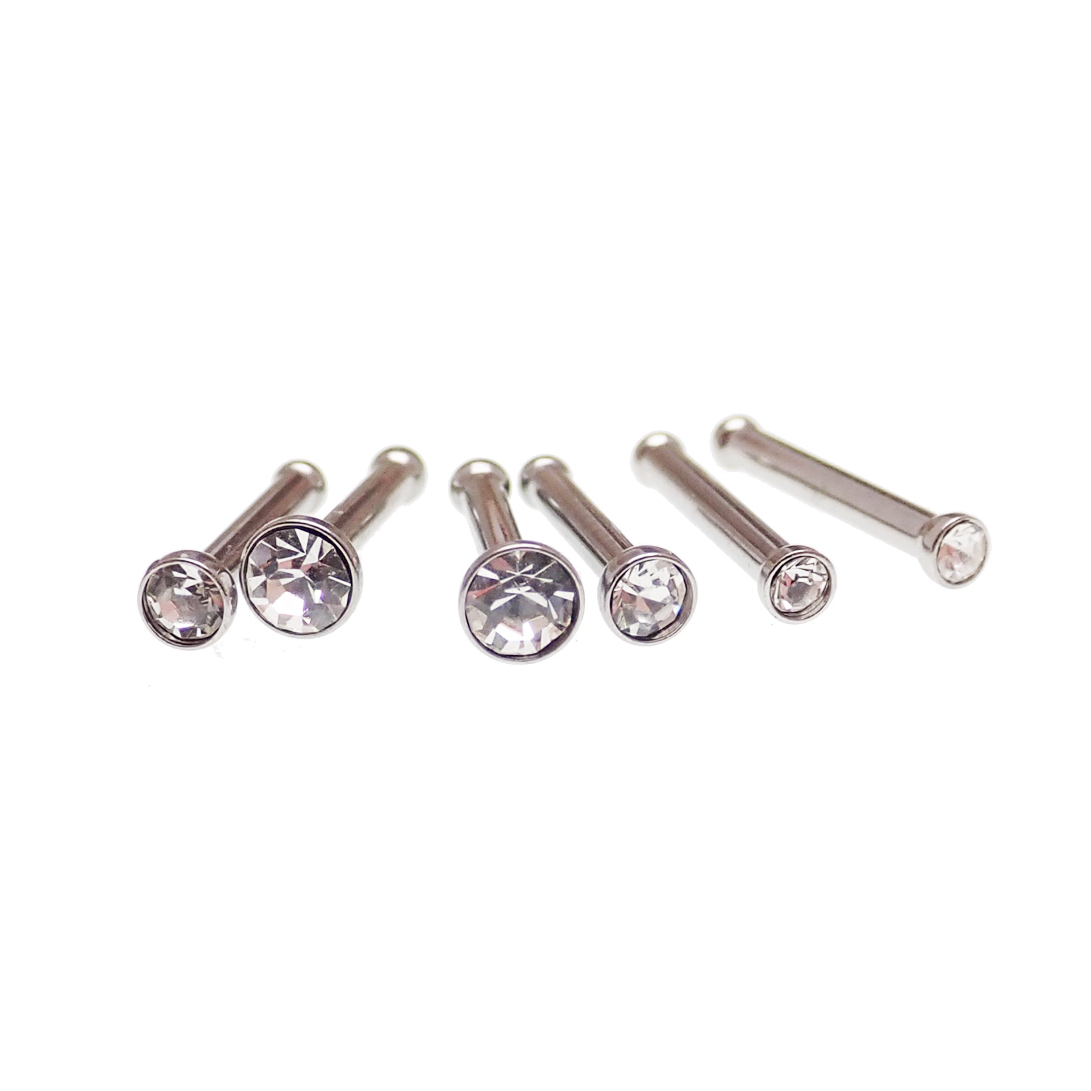 Set of 6 CZ steel nose studs in 18g body jewelry by Body Clickers, featuring small, shiny nose piercing studs.