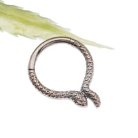 Snake titanium septum and daith clicker jewelry in 16g, 8mm with a sleek snake design, from Body Clickers Body Jewelry.