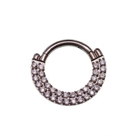 Steel double-row CZ inlaid clicker body jewelry in 16g with a sleek design, featuring sparkling cubic zirconia accents.