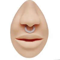 Steel double-row CZ inlaid clicker body jewelry in 16g with sleek design and sparkling cubic zirconia accents.