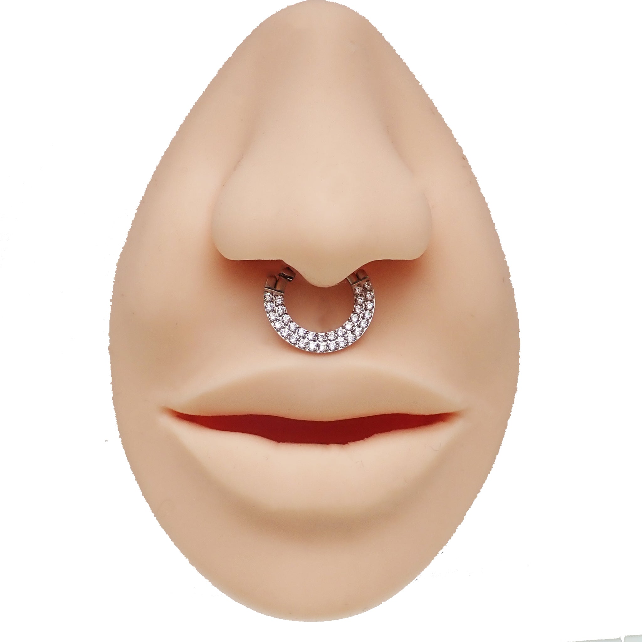 Steel double-row CZ inlaid clicker body jewelry in 16g with sleek design and sparkling cubic zirconia accents.