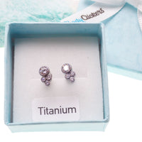 Titanium cluster earrings from Body Clickers Body Jewelry featuring multiple small, shiny titanium beads arranged in a cluster design.