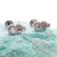 Titanium cluster earrings from Body Clickers Body Jewelry featuring multiple small, shiny titanium beads arranged in a cluster design.