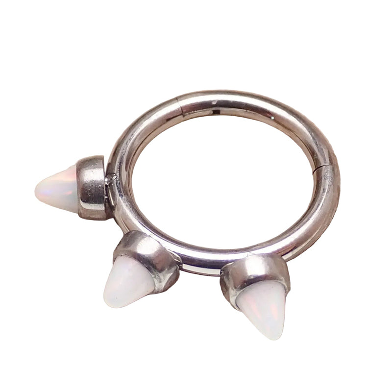 Titanium white opal spike hinged clicker body jewelry in 16g, featuring a sleek design and secure hinged closure.