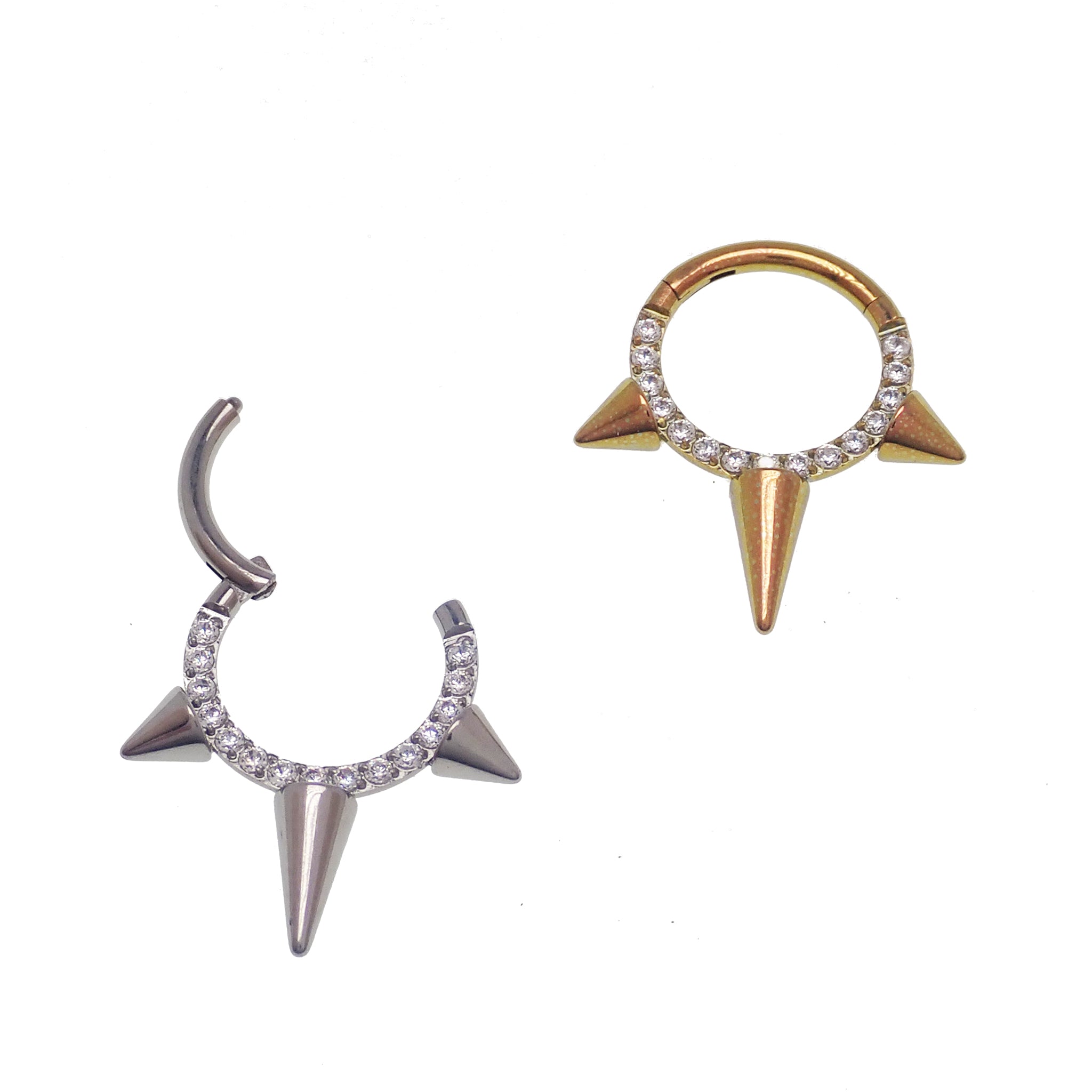 Body Clickers Tri-Spike and CZ Stone Clicker in 16g body jewelry with spikes and sparkling stones.