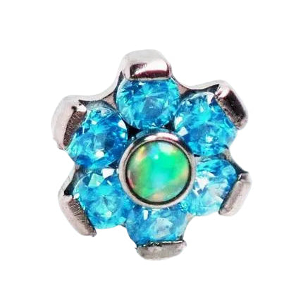 Turquoise CZ and opal flower attachment for body jewelry by Body Clickers, 16g. Decorative floral design for body piercing.