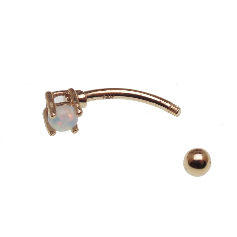 White opal and gold ball body jewelry by Body Clickers, 14k gold curve design, 16g gauge, suitable for body piercing.