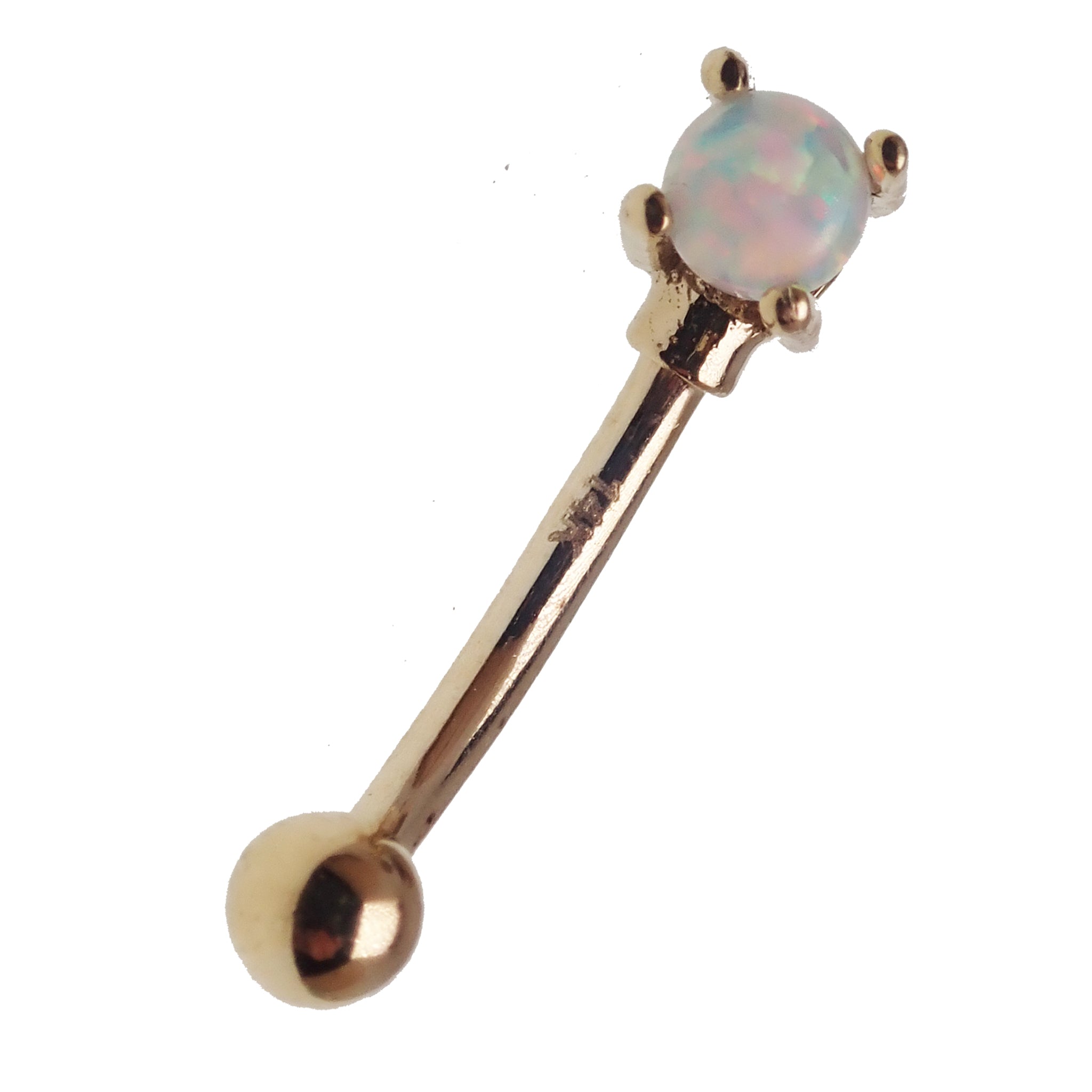 White opal and gold ball body jewelry by Body Clickers, 14k gold curve 16g, featuring white opal accents and smooth design.