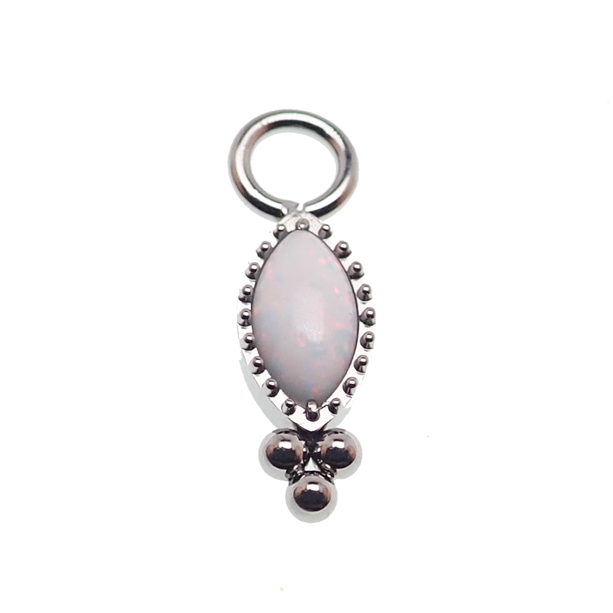 White opal oval beaded CZ charm for body jewelry by Body Clickers, showcasing a sparkling white opal and intricate beaded design.