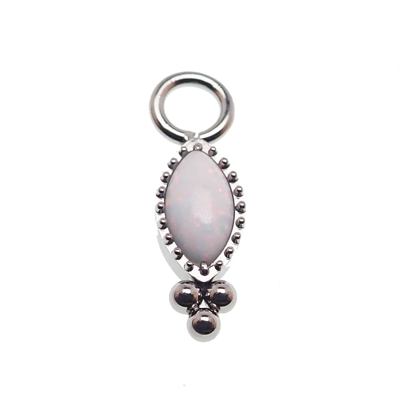 White opal oval beaded CZ charm for body jewelry by Body Clickers, showcasing a sparkling white opal and intricate beaded design.