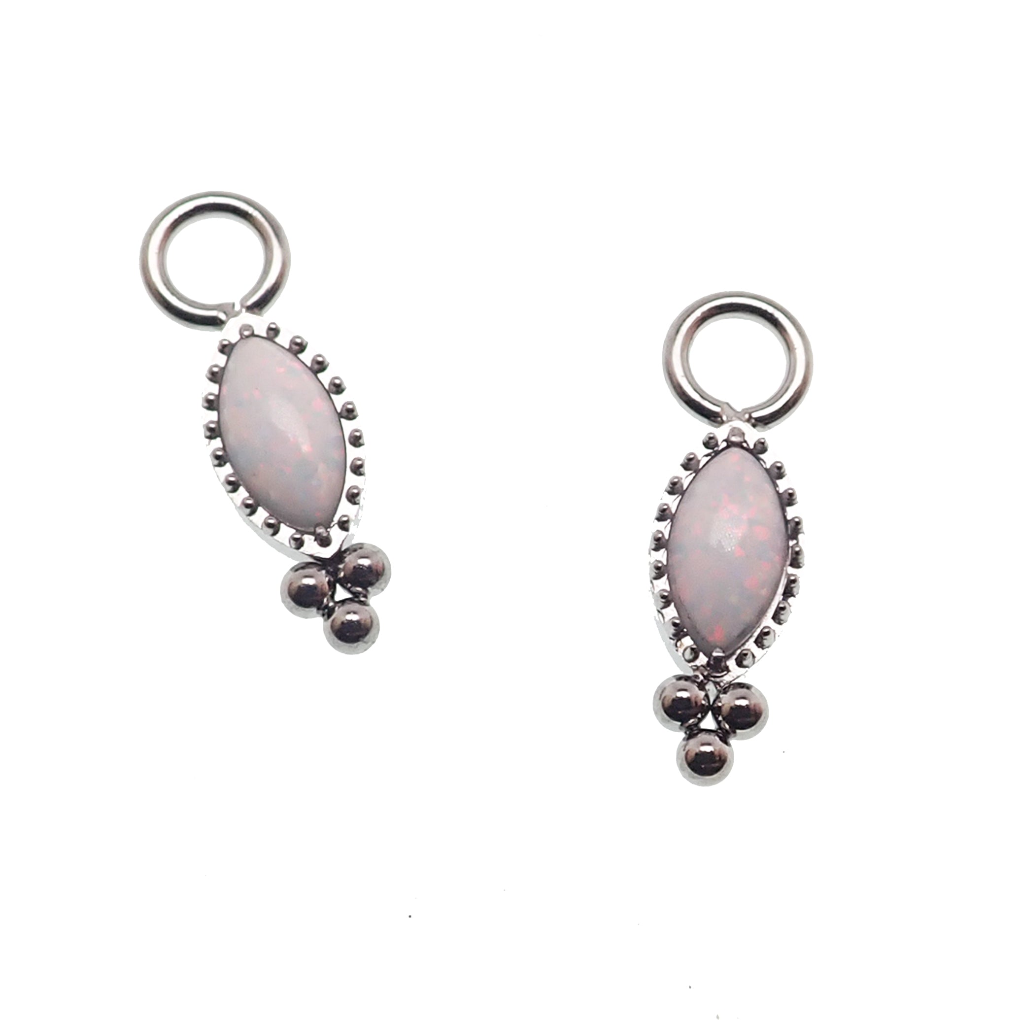 White opal oval beaded CZ charm for body jewelry by Body Clickers, featuring sparkling cubic zirconia and intricate beaded design.
